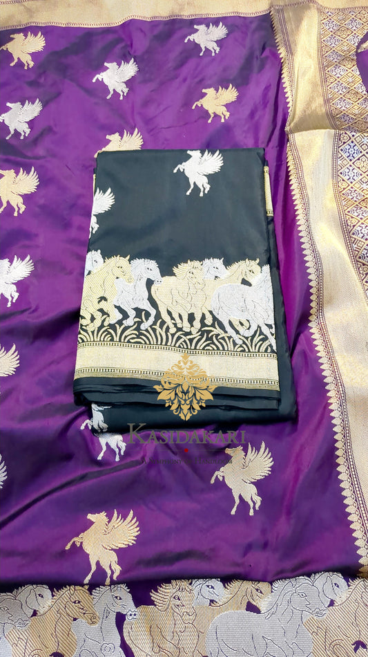 'Pride of Horses’ Deep Purple Pure Katan Silk Banarasi Shikargah Handloom Saree
