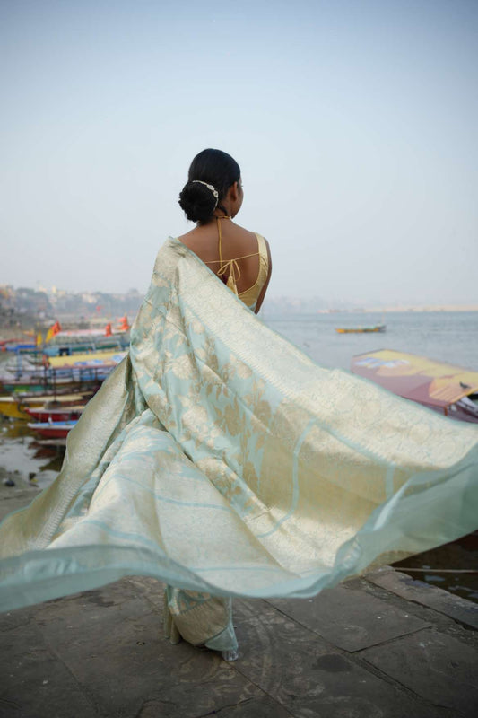 Pista Green Kadwa Banarasi Katan Silk Handloom Saree