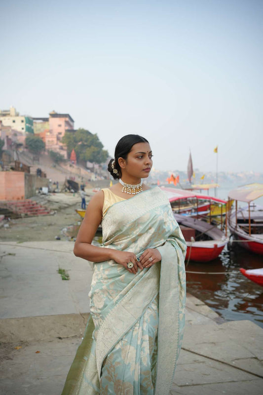 Pista Green Kadwa Banarasi Katan Silk Handloom Saree