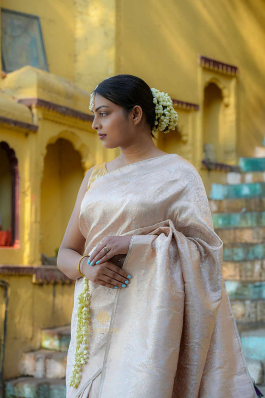 Cream Banarasi Katan Silk Handloom Saree