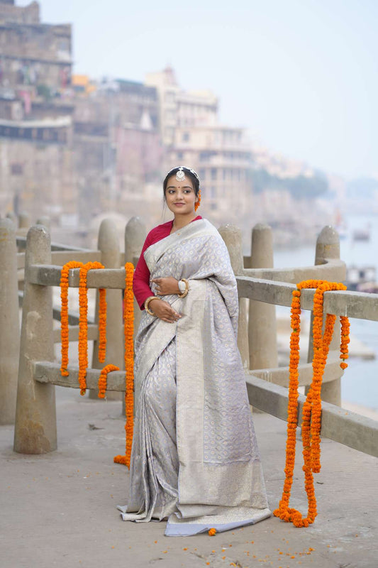 Grey Banarasi Katan Silk Handloom Saree