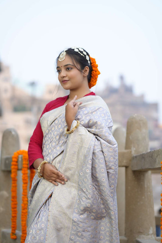 Grey Banarasi Katan Silk Handloom Saree