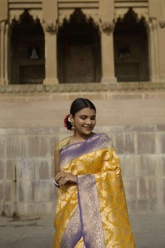Yellow Banarasi Katan Silk Handloom Saree