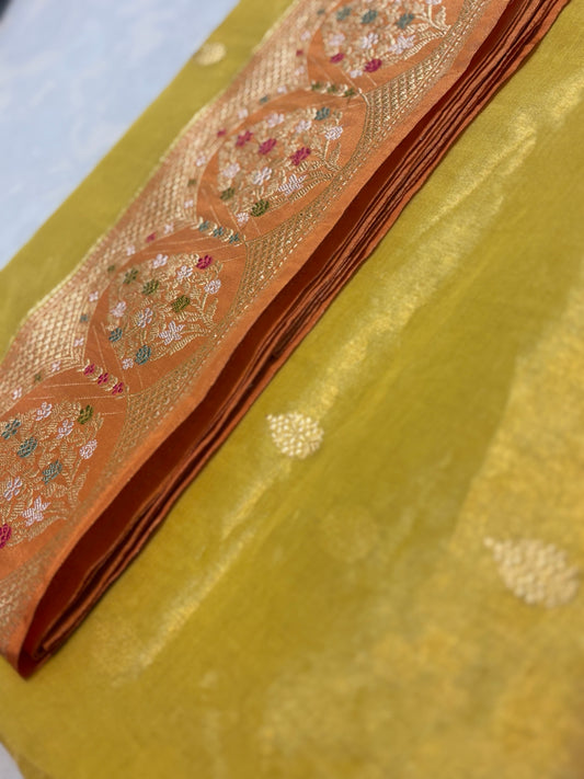 Pure Banarasi Kora Silk Sari- Kadiyal Kataan Border