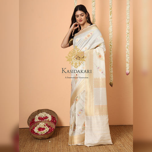 Kataan silk- Ivory white jangla sari