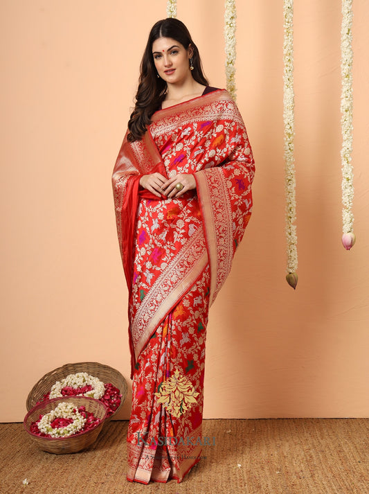 Pure handwoven kataan silk jangla- Laal animal motifs
