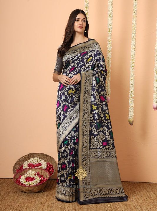 Pure handwoven Navy Blue kataan jangla- Animal motif