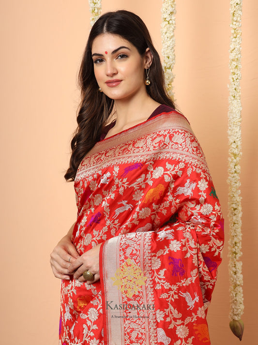 Pure handwoven kataan silk jangla- Laal animal motifs