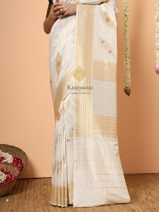 Kataan silk- Ivory white jangla sari