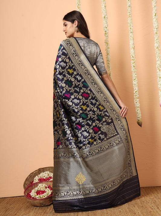 Pure handwoven Navy Blue kataan jangla- Animal motif