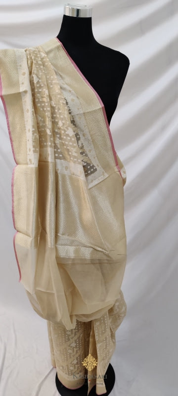 Cream Banarasi Cotton Jamdani Handloom Saree