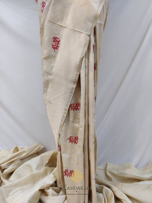Cream Katan Pure Silk Handloom Banarasi Saree
