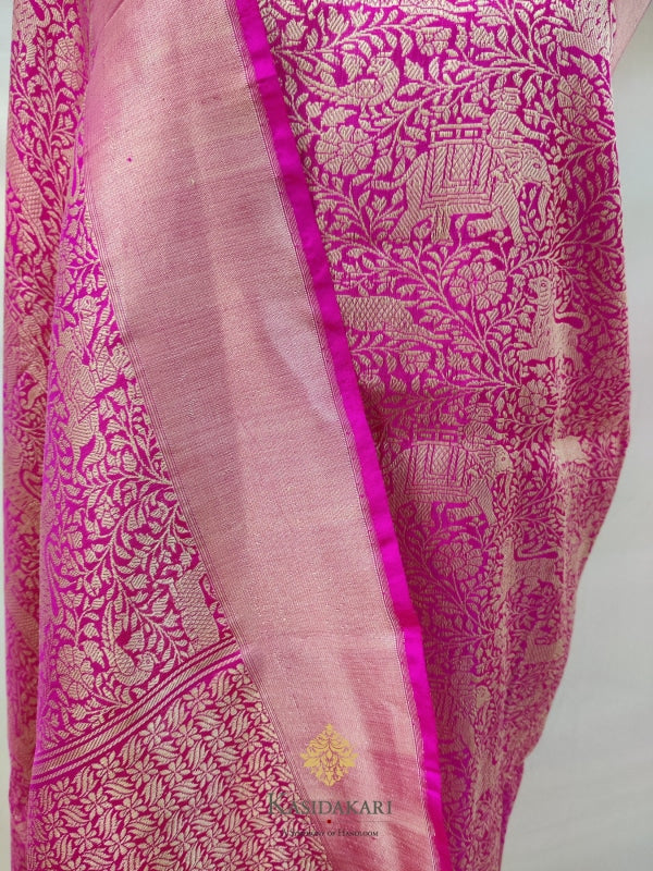 Pink Shikargh Katan Silk Banarasi Handloom Dupatta