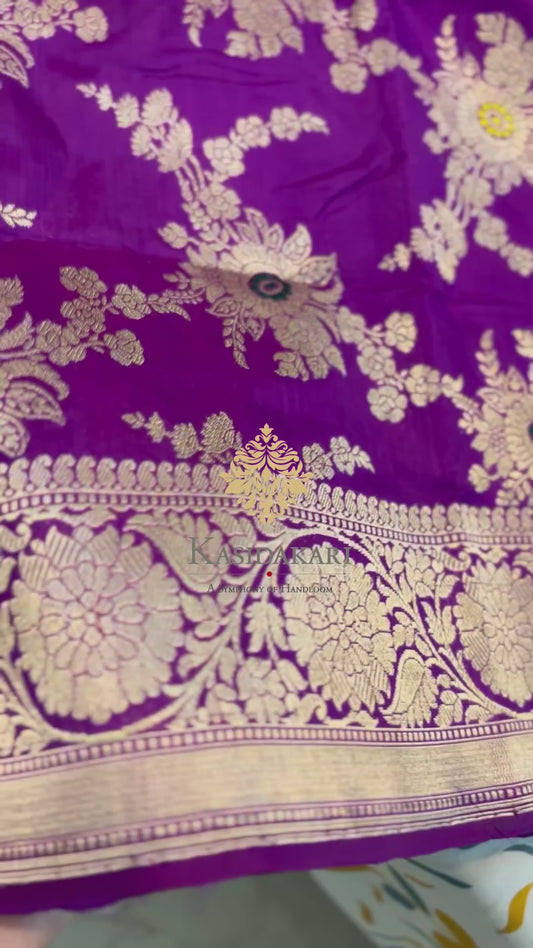 Pure Kataan Silk Sari- Purple Floral jangla