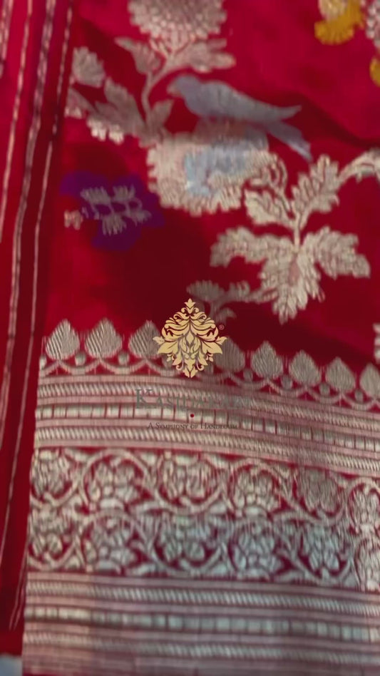 Pre- Order Pure Katan Silk Sari- Red with Animal Motif Jangla