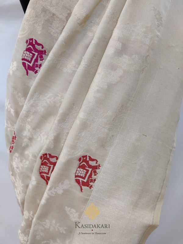 Cream Katan Pure Silk Handloom Banarasi Saree