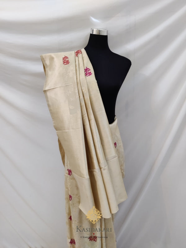 Cream Katan Pure Silk Handloom Banarasi Saree