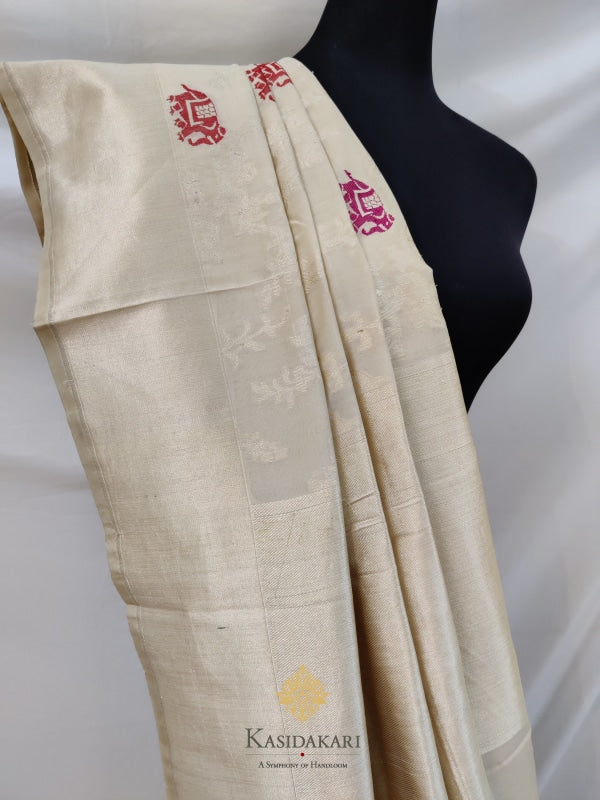 Cream Katan Pure Silk Handloom Banarasi Saree