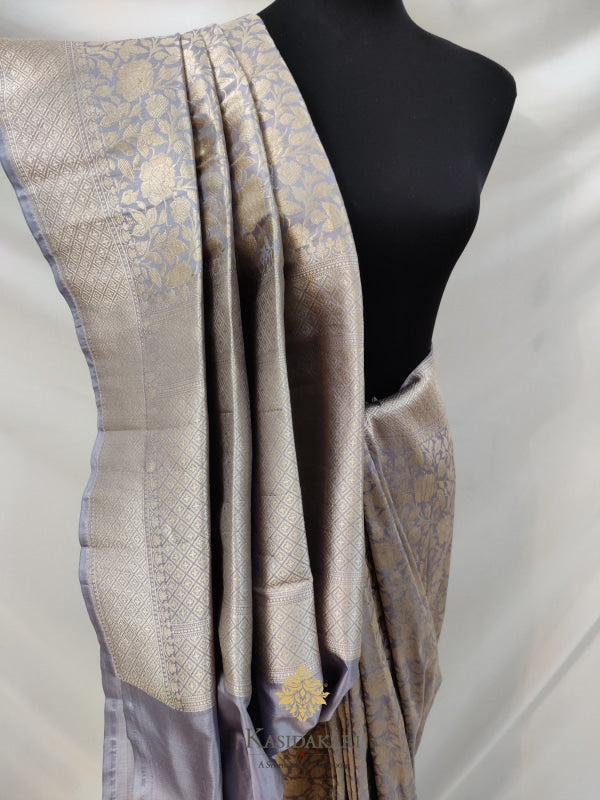 Grey Katan Silk Handloom Banarasi Saree