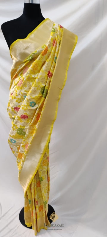 Lemon Yellow Katan Silk Banarasi Handloom Saree Cutwork