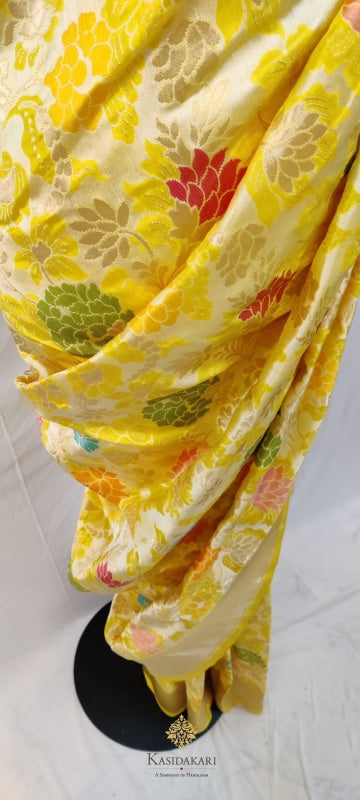 Lemon Yellow Katan Silk Banarasi Handloom Saree Cutwork