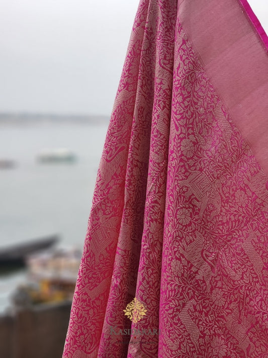 Pink Shikargh Katan Silk Banarasi Handloom Dupatta