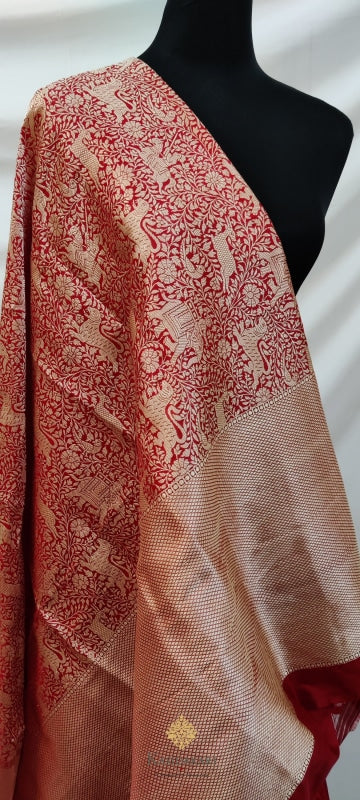 Red Banarasi Shikargah Katan Silk Handloom Saree