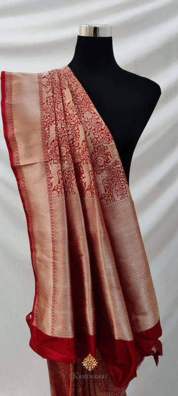 Red Banarasi Shikargah Katan Silk Handloom Saree