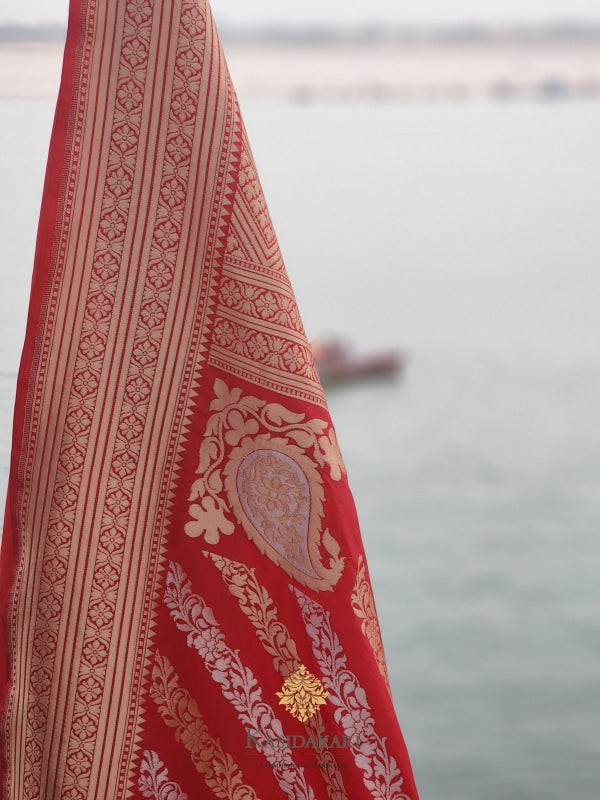 Red Katan Silk Lehariya Banarasi Handloom