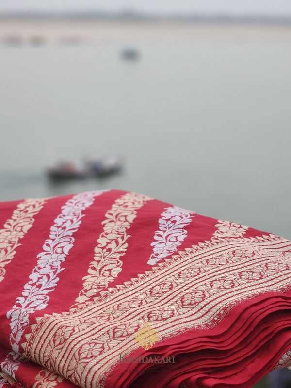 Red Katan Silk Lehariya Banarasi Handloom